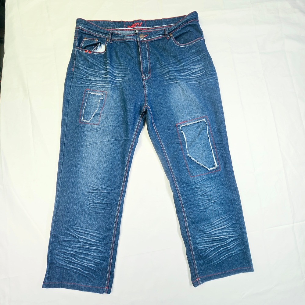 MTL Womens More To Love Jeans Size 22 Blue Distressed Red Stitching Straight Leg